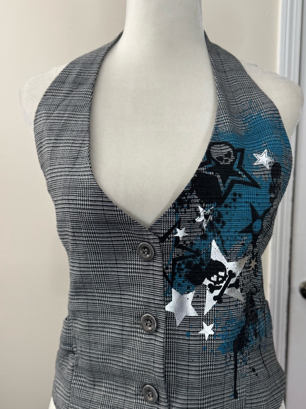 Y2K Plaid Halter Vest Blue Skull Star Graphic Emo Grunge 2000s Vintage - Picture 5 of 11
